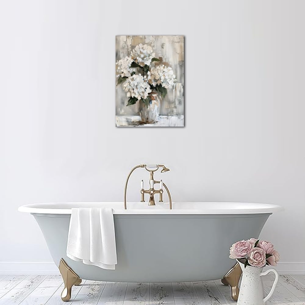 YRYWAWA White Hydrangea Bathroom Wall Art Canvas Print 12x15 Inches Retro Farmhouse Style Floral Artwork for Bedroom Living Room Office Decor