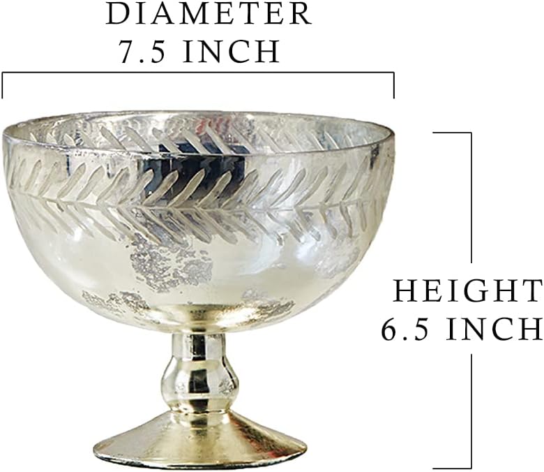 Serene Spaces Living Silver Etched Leaf Mercury Glass Bowl, Vintage Compote Bowl (Pack of 4)