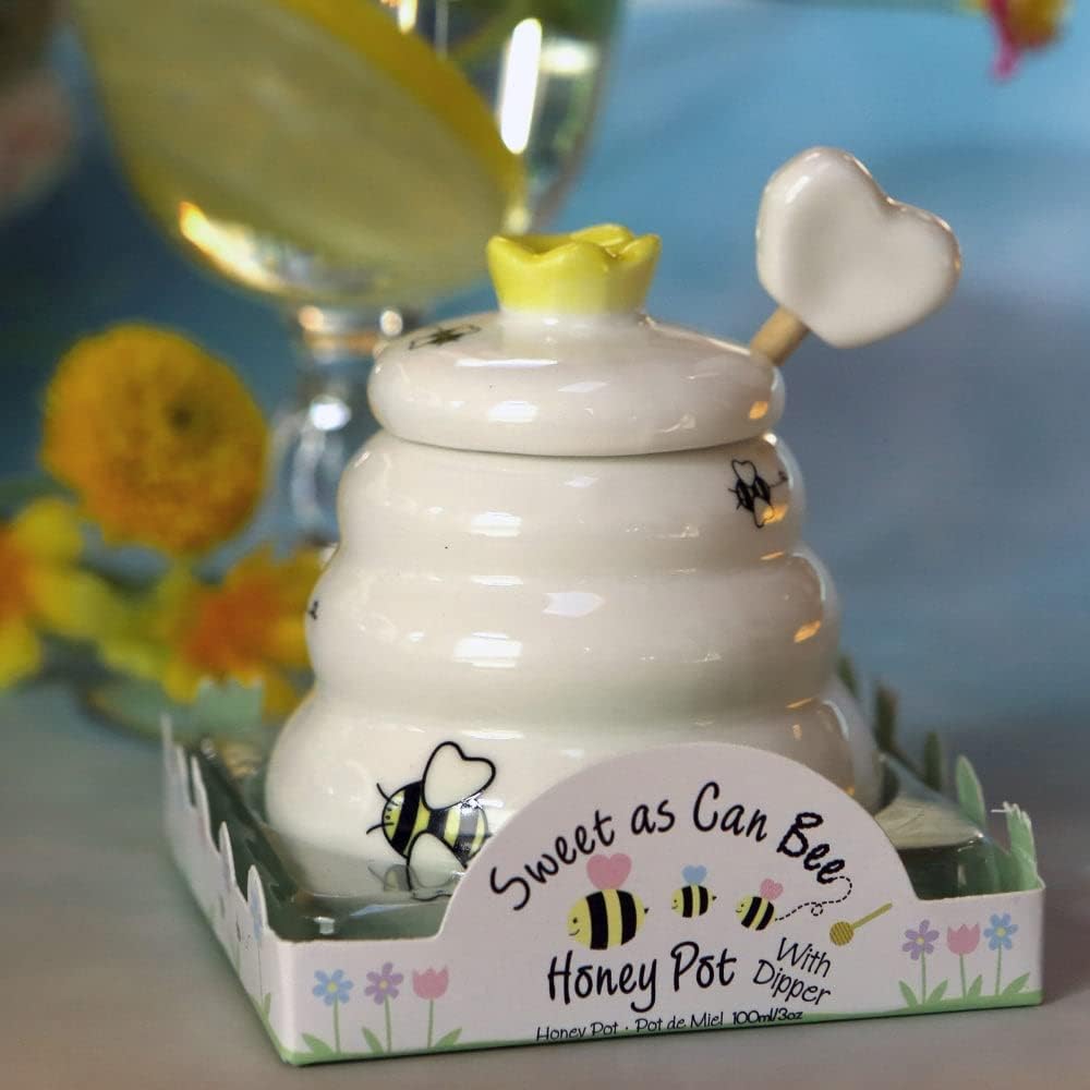 Kate Aspen Ceramic Honey Pot with Wooden Dipper - Set of 6 - Sweet As Can Bee, Perfect Wedding Favor, Bridal Shower Favor, Baby Shower Favor & Home Gift