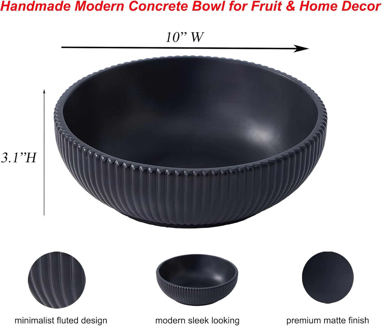 Aotea Crafts - Decorative Concrete Fruit Bowl for Kitchen Counter - Large Charcoal Black Centerpiece Fruit Bowl - Modern Aesthetic Fluted Design & Water-Based Painted
