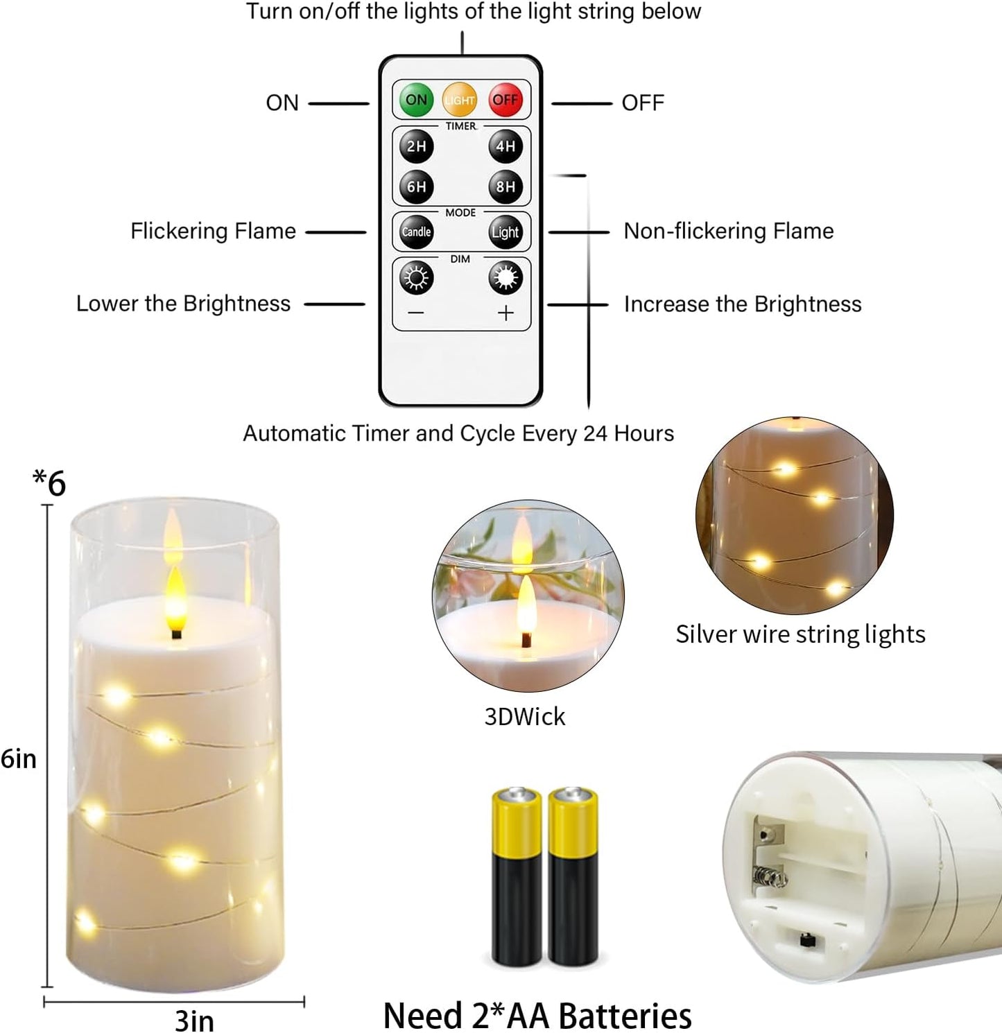 Flickering Flameless Candles with Remote Timer, 6pcs LED Battery Operated Candles with Embedded String Lights White, D3 H6