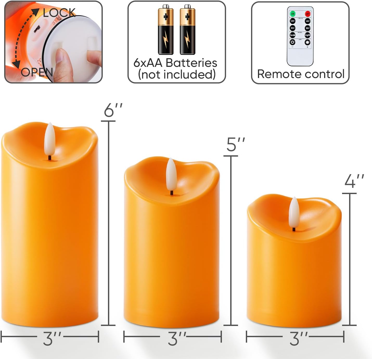 Homemory Halloween Orange Flameless Candles, Fall Candles, Outdoor Waterproof Flickering Battery Operated LED Pillar Candles with Remote and Timers, Won't Melt Plastic, Set of 3