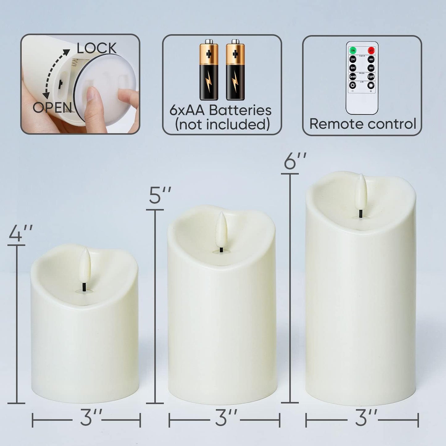 Homemory Outdoor Waterproof Flameless Candles, LED Candle with Remote and Timer, Battery Operated Candles, Electric Fake Plastic Candles, Ivory White, Set of 3