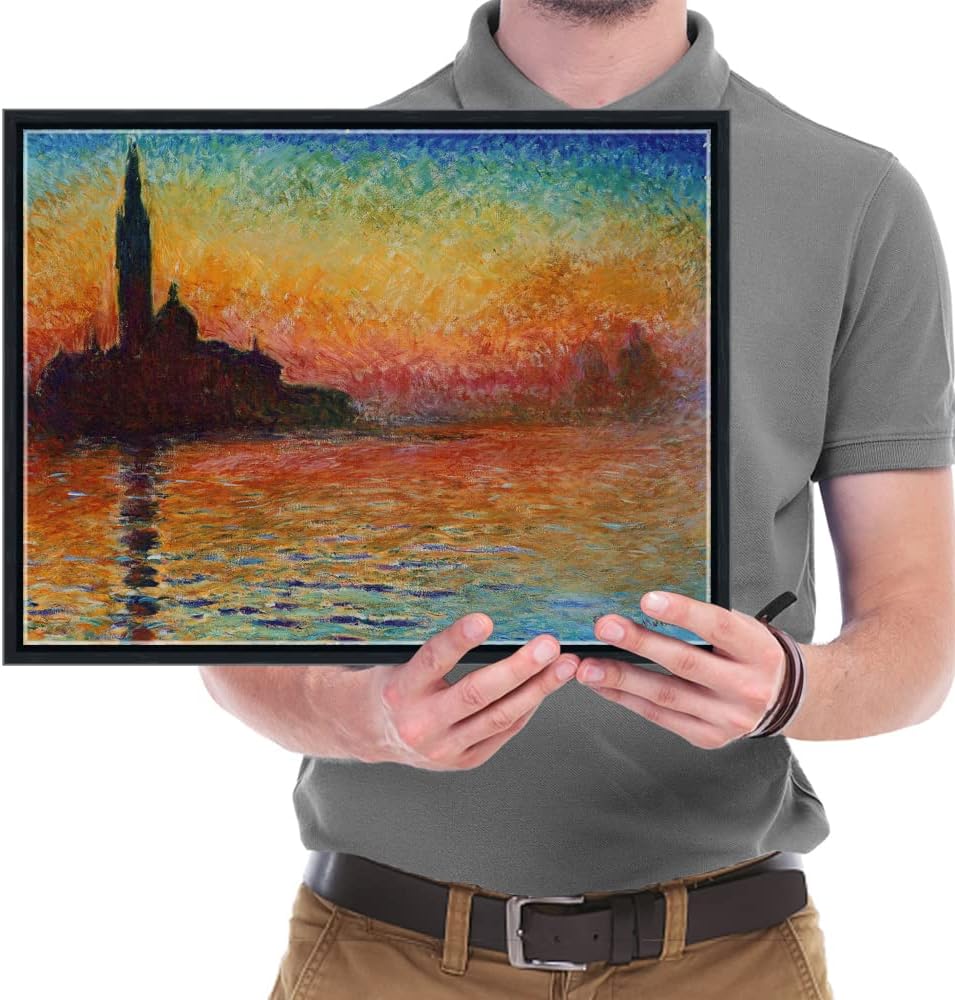 Wieco Art Framed Art Dusk in Venice by Claude Monet Oil Paintings Reproduction Modern Canvas Prints Landscape Pictures Artwork Canvas Wall Art for Home office Decorations Black Frame