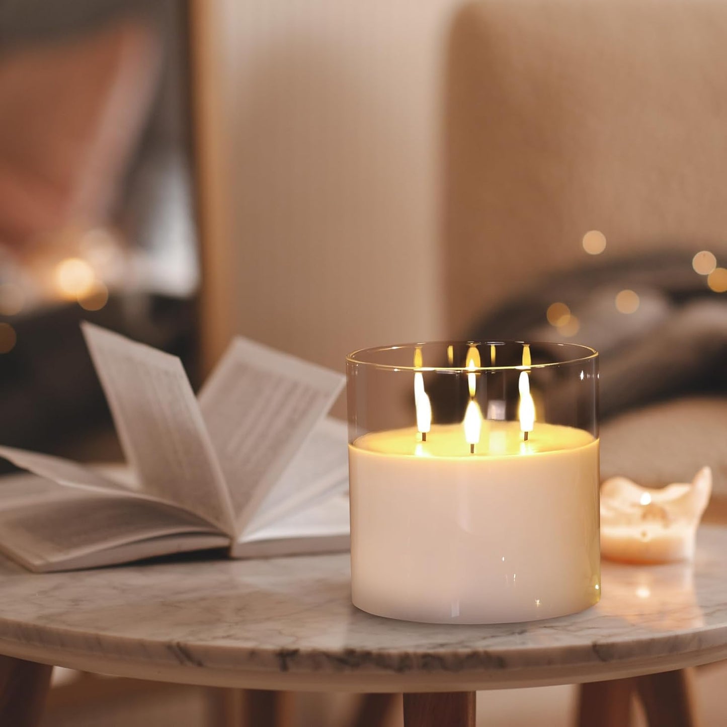 Eywamage 3 Wick Clear Glass Flameless Candle with Remote, Large Flickering LED Battery Pillar Candle Φ 6" H 6"