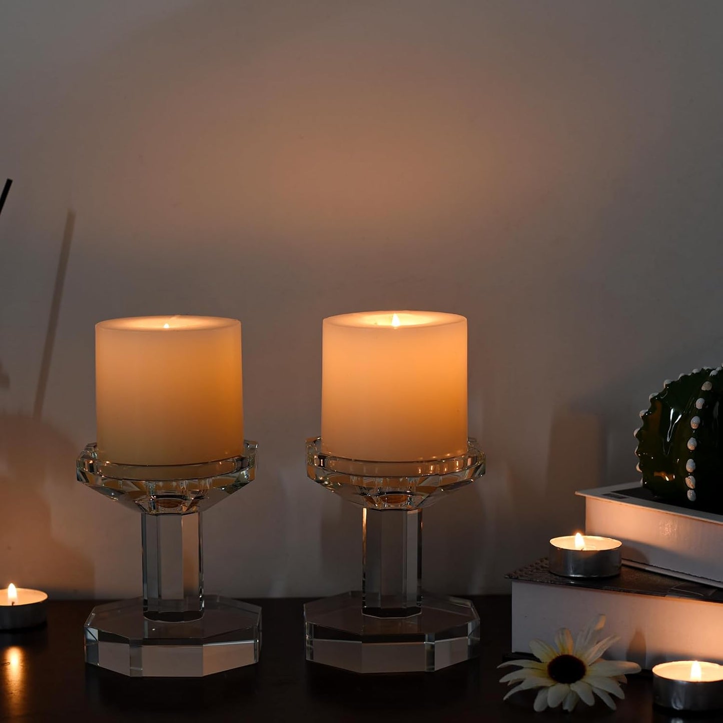 Kitcom Crystal Taper/Pillar Candle Holders Set of 2, 4.1 Inches Height, Heavy Solid Hand Cut Candlesticks Set, Table Centerpieces for Home Decor, Clear