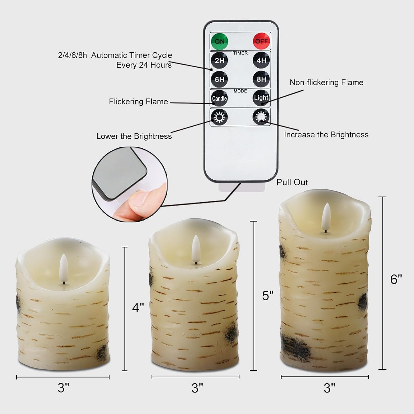 Homemory Birch Flameless Candles, LED Pillar Candles, Battery Operated Candles with Timer and Remote Control, D3 H4 5" 6", Wax, Set of 3