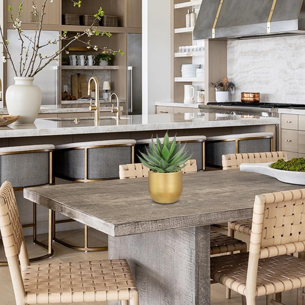 Briful Succulents Plants Artificial for Home Decor, Realistic Potted Fake Agave Plant, Gold Metal Pot, Cute Aloe Maguey Faux Plant, Shelf Tables Decor, Modern Farmhouse Home Kitchen Decorations