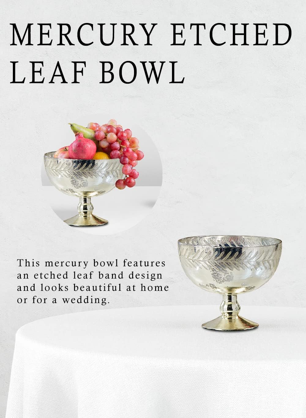 Serene Spaces Living Silver Etched Leaf Mercury Glass Bowl, Vintage Compote Bowl (Pack 1)