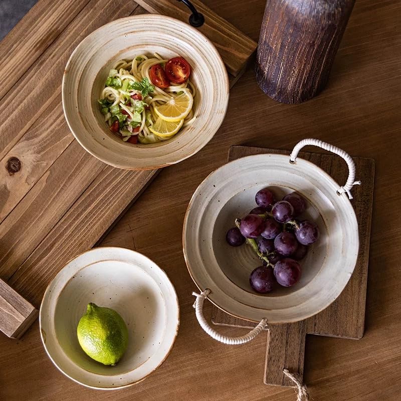 Vintage Distressed Ceramic Serving Bowl with Rope Handles, 7.5 Inch Rustic Decorative Bowl for Fruits and Pasta, Vintage White