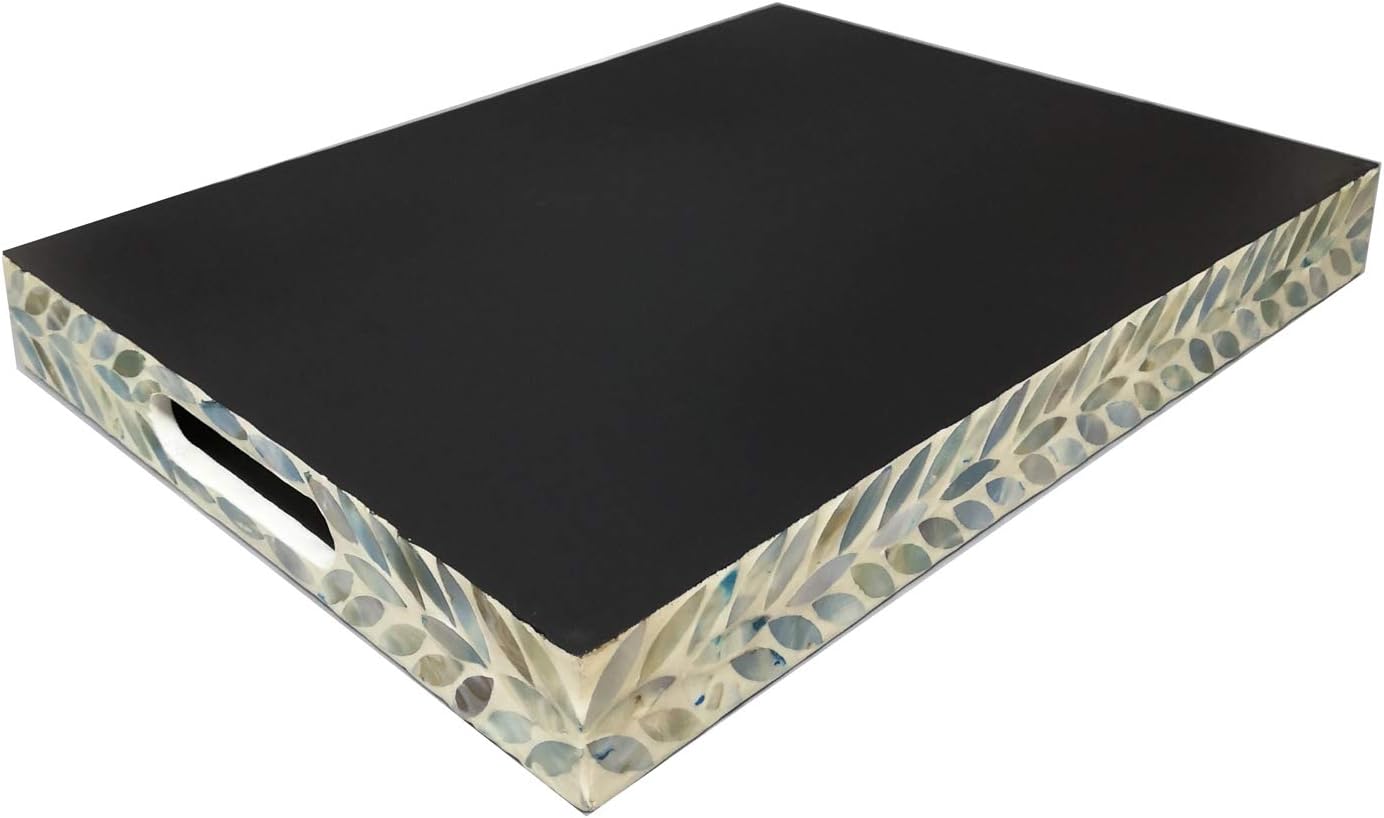 i-lan Creative Rectangular Mother of Pearl Severing Tray Lacquer Wooden Decorative Tray Handmade Shell Serving Tray with Handles and 2 Inch Side, Large Beige Blue Inlay Nacre Ottoman Tray (15.75")