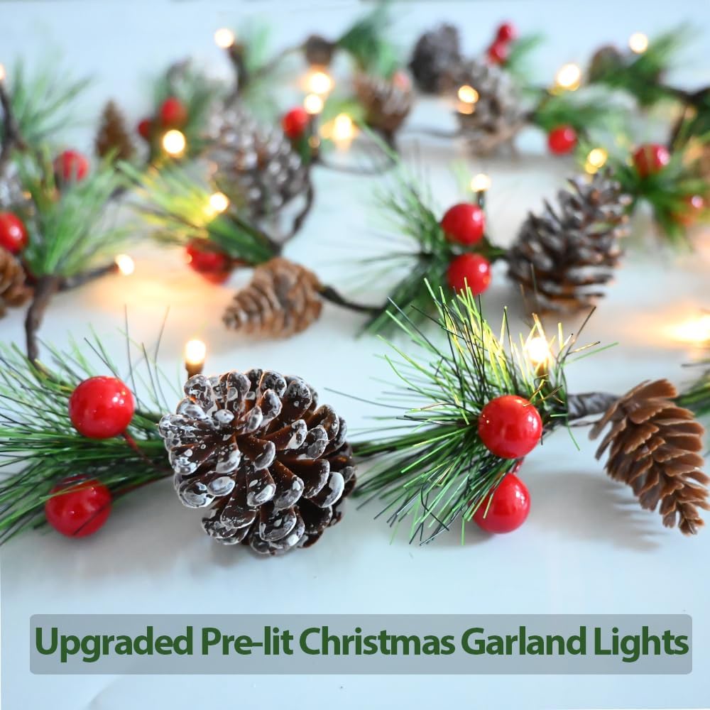 2025 Upgraded Christmas Garland Lights 9.84FT Holiday Prelit Garlands Pine Cone with Red Berry Battery Operated with Timer Garland Wreath Xmas Decor Lights for Outdoor Indoor Christmas Home Decoration