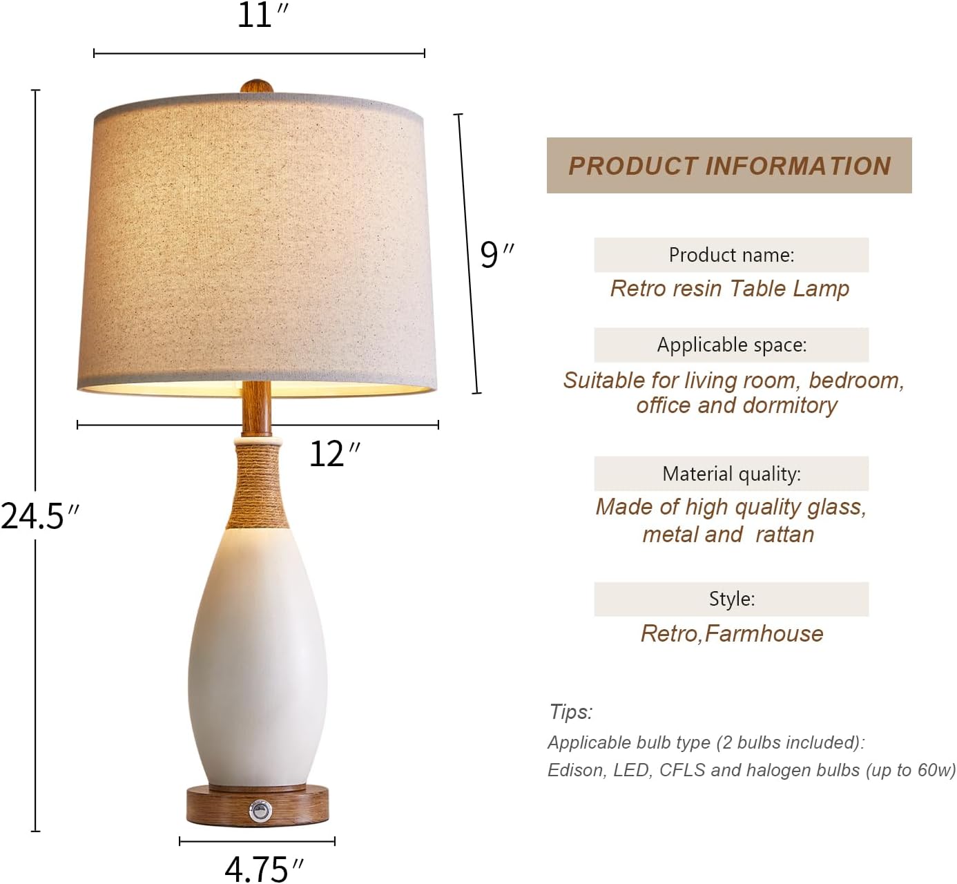 OYEARS 24.5” 3-Way Dimmable Touch Control Bedside Table Lamp Set of 2 with USB and Type-C Charging Ports Modern Farmhouse Nightstand Lamp for Bedroom Living Room (Bulb Included)