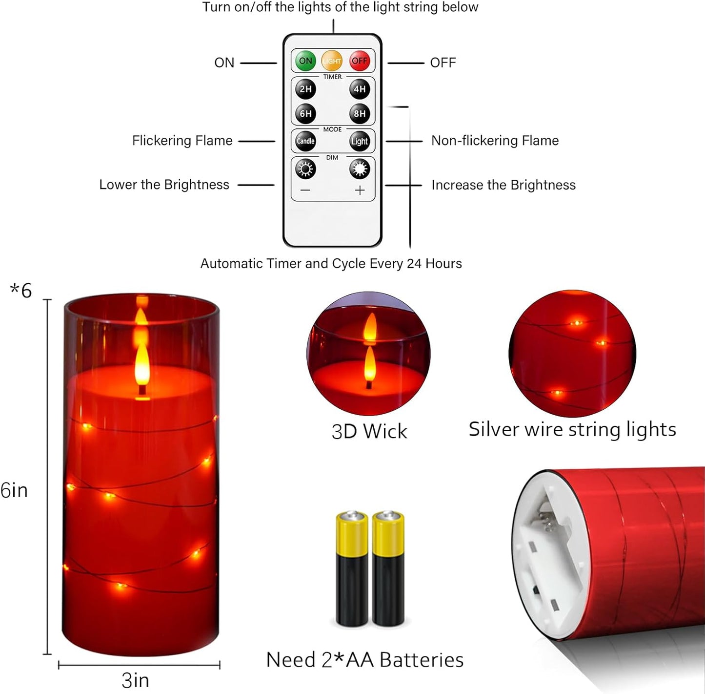 Flickering Flameless Candles with Remote Timer, 6pcs LED Battery Operated Candles with Embedded String Lights Red, Same Size D3 H6