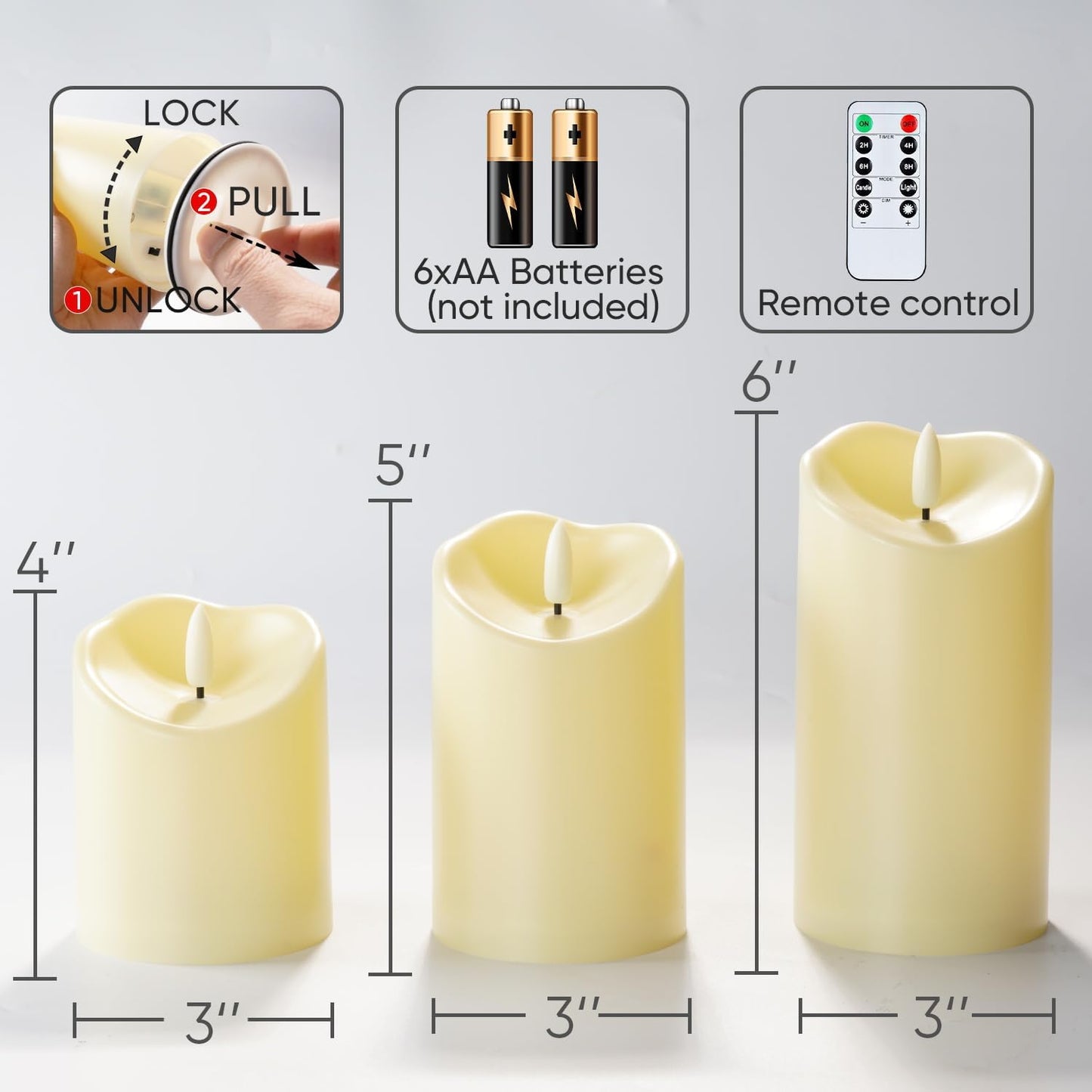Homemory LED Candles with Remote Timers - Battery Operated, Electric Fake Plastic, Dark Ivory, Outdoor Waterproof Set of 3