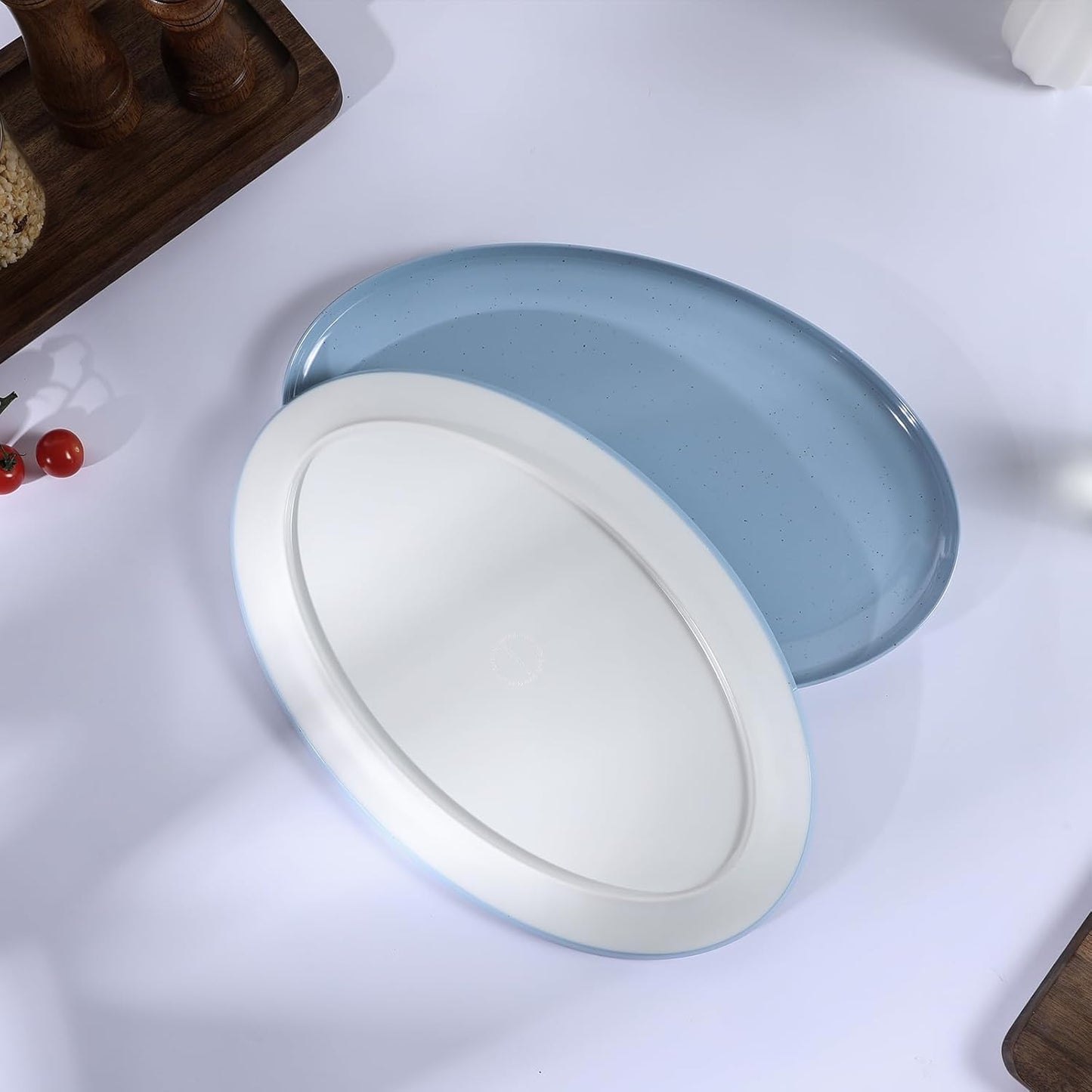 Webbylee 16" Melamine Oval Platter Set of 2- Lightweight Durable Serving Tray for Party, Catering & Home | Dishwasher Safe, Fits Turkey/Charcuterie-Blue & Beige