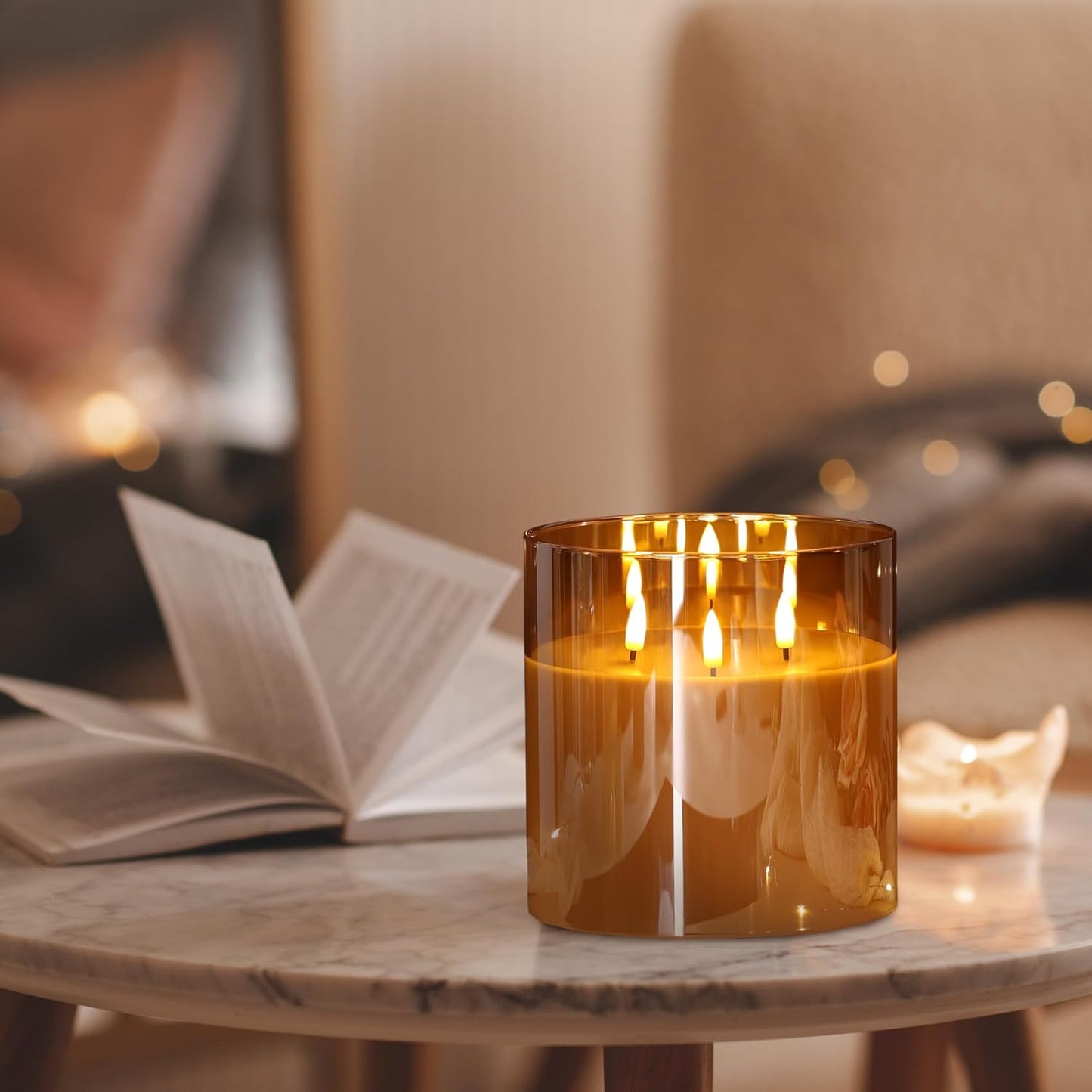 Eywamage 3 Wick Gold Glass Flameless Candle with Remote, Large Flickering LED Battery Pillar Candle Φ 6" H 6"