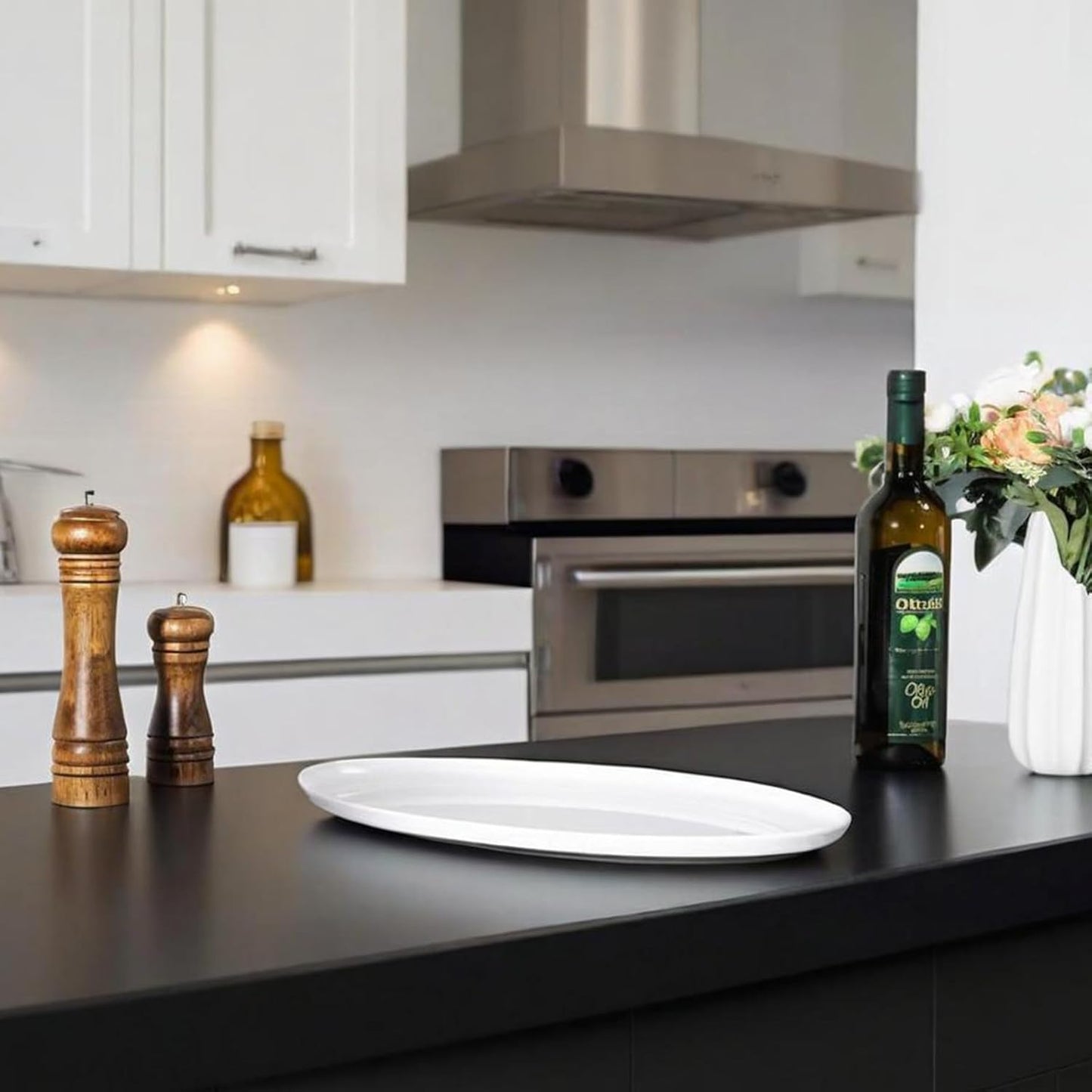 Webbylee 16" Melamine Oval Platter Set of 2 - Lightweight Durable Serving Tray for Party, Catering & Home | Dishwasher Safe, Fits Turkey/Charcuterie-White & Grey