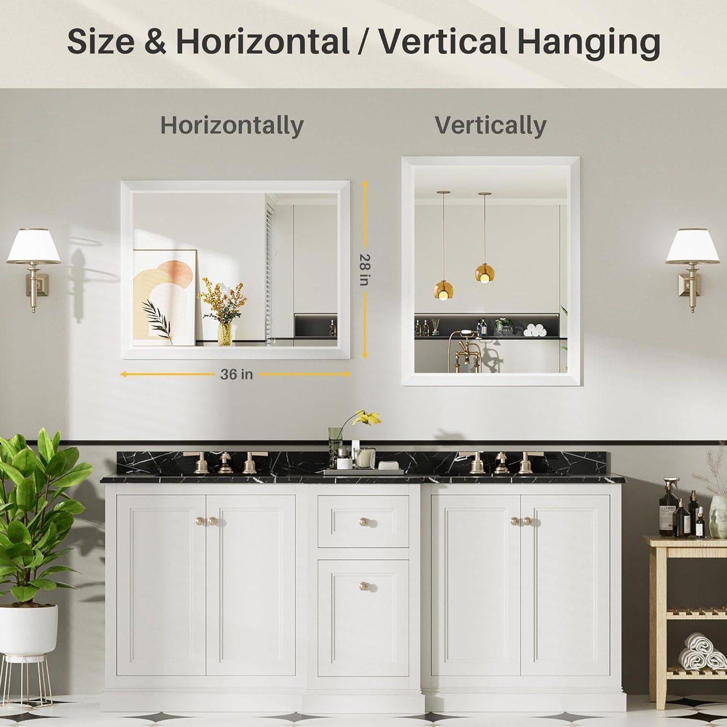 28x36 Inch White Bathroom Mirror for Wall, Thick Metal Framed Rectangle Mirrors for Over Sink, Bedroom, Living Room, Entryway, Anti-Rust, HD Tempered Glass