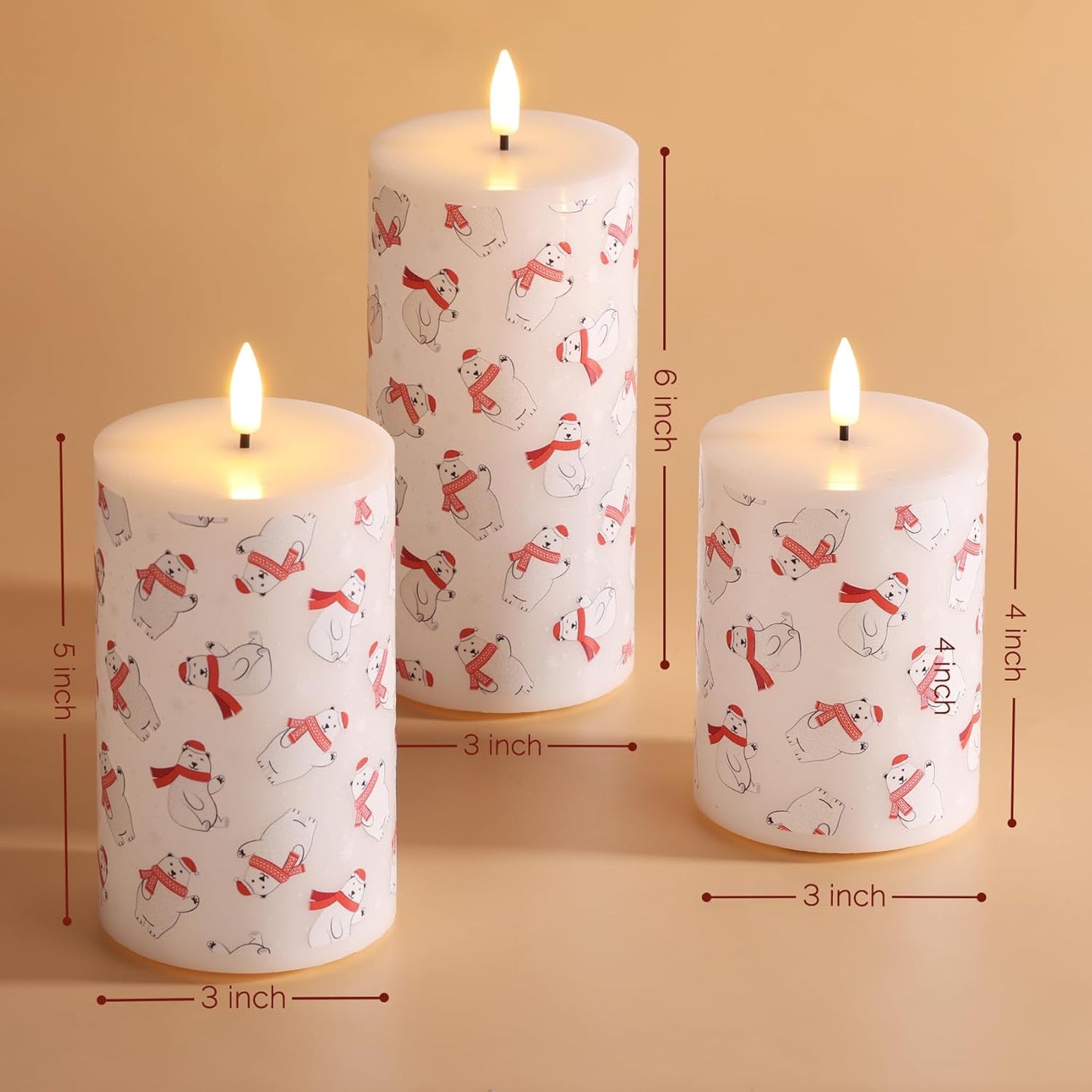 Eywamage Christmas Flameless Pillar Candles with Remote Timer, Battery Powered Bear Candles, Flickering LED Wax Candlles Set of 3