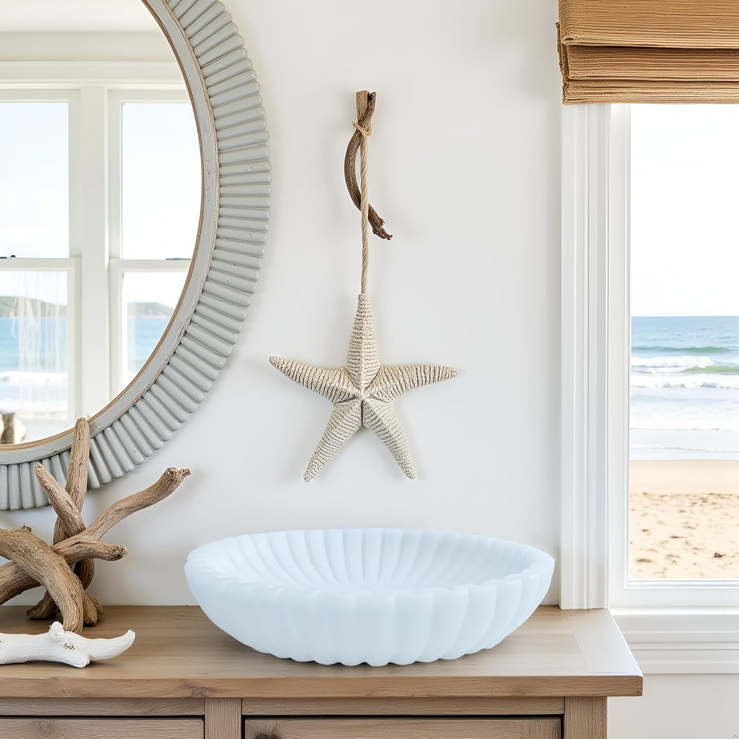 15" Large Decorative Bowl decor , Scalloped Decorative Bowls for Modern Home Decor,Ruffle Decor,Stylish Key Bowl for Entry Table,Decorative Fruit Bowl for Kitchen Counter,Artificial Stone Milky white