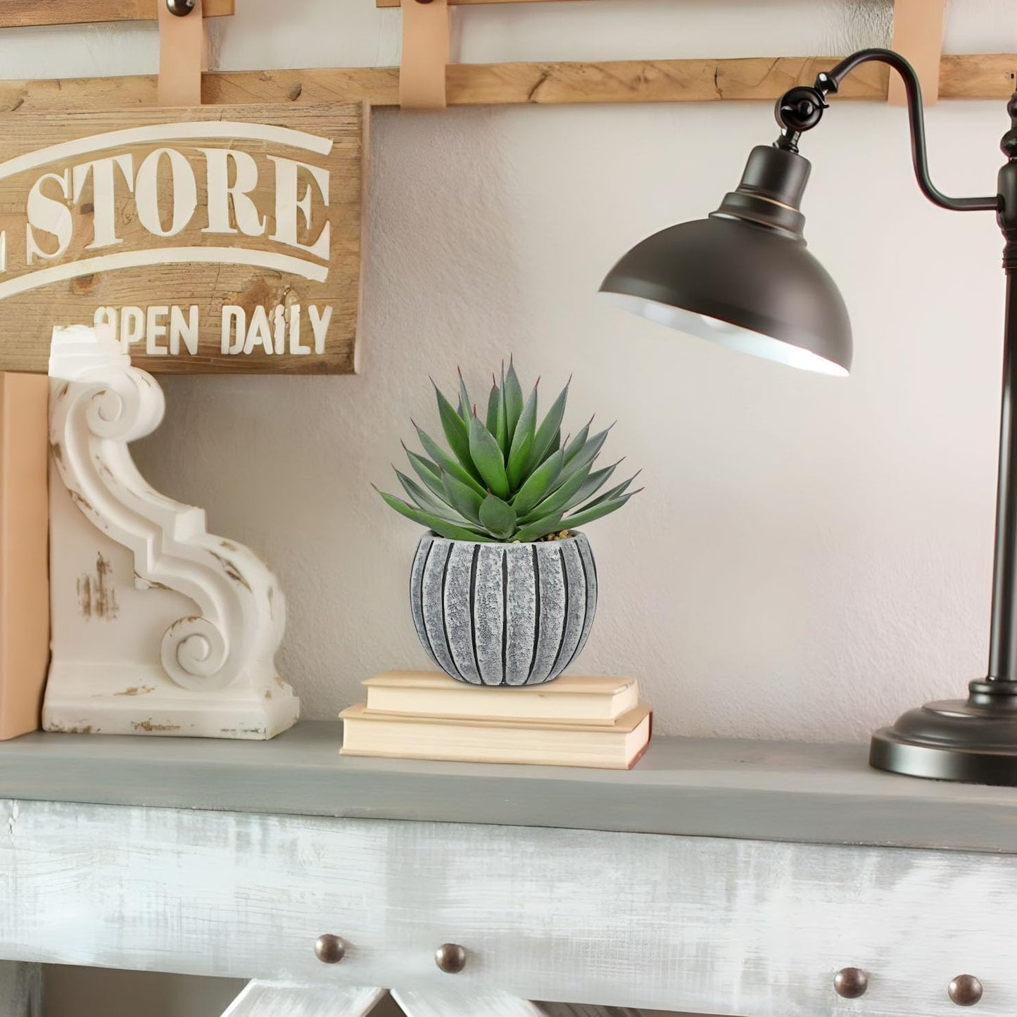 Briful Artificial Aloe Succulent Plant in Aged Cement-Look Ceramic Pot – 8" Tall Faux Agave Plant with Decorative Pebbles – Realistic Desk or Shelf Decor for Home, Office, Bathroom