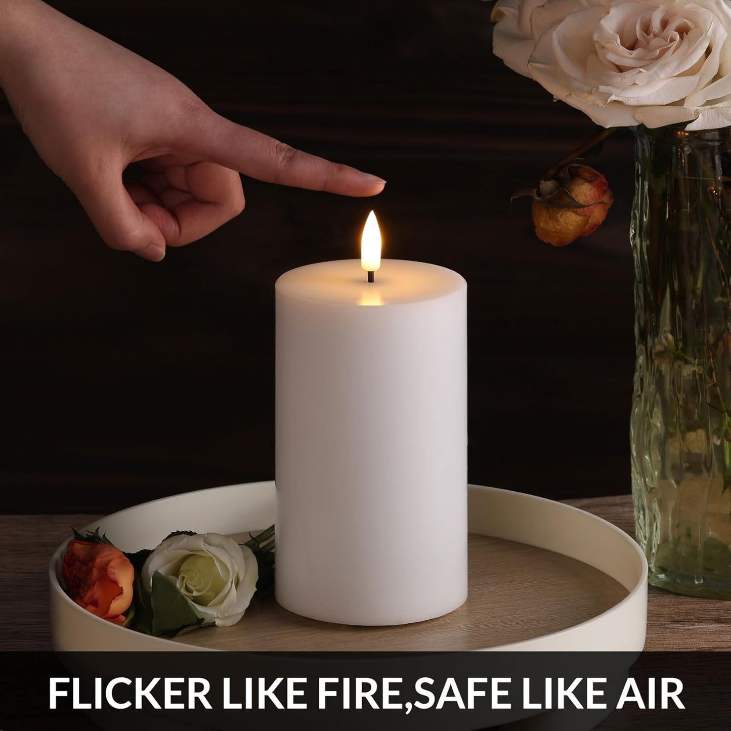 Eywamage White Real Wax Flameless Pillar Candles with Remote, Flickering Flat Top LED Battery Candles Set of 3