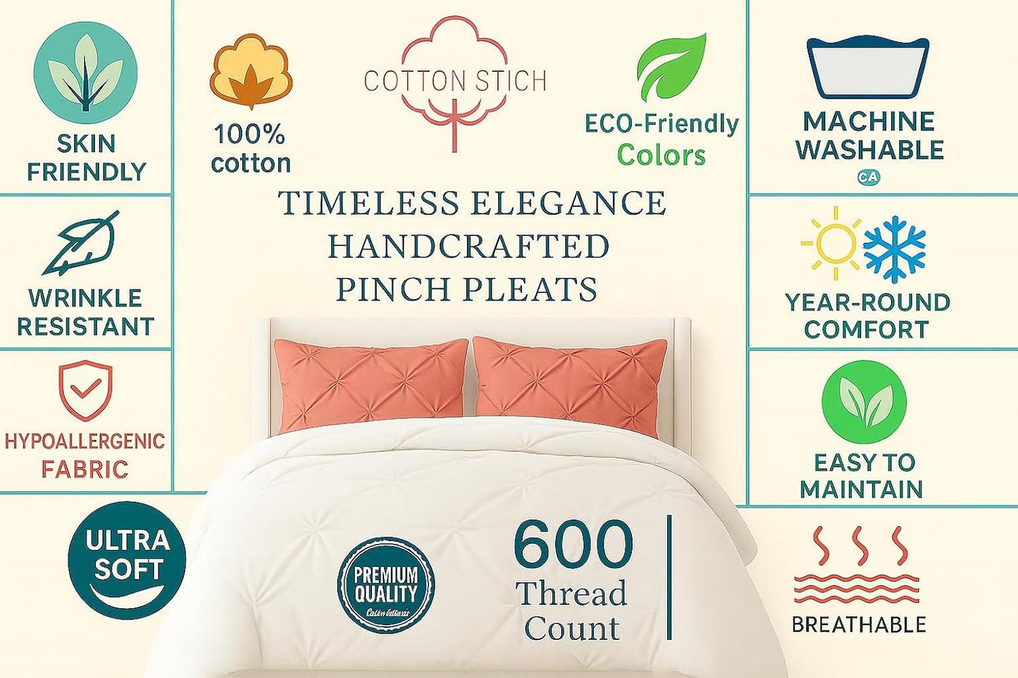 COTTON STICH Pinch Pleated Pillow Shams Pink Solid Standard 20x26 Set of 2 Pillowcase 600 Thread Count 100% Egyptian Cotton Luxurious& Decorative Pinch Pleated Pillow Shams (Pink, Standard 20X26)