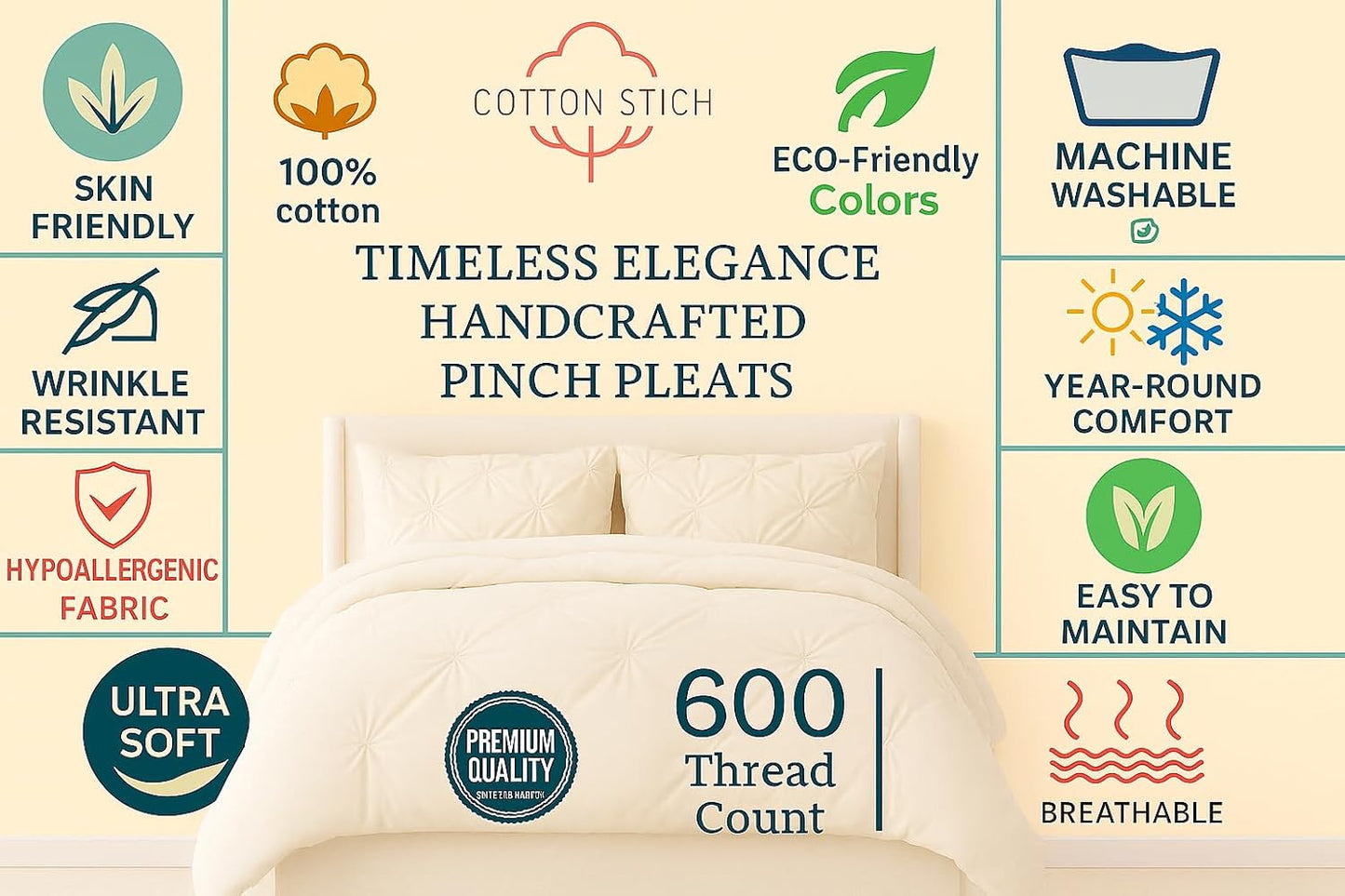 COTTON STICH Pinch Pleated Standard Pillow Shams Set of 2 Ivory 600 Thread Count Super Soft Ivory Pinch Pillow Shams Standard 20" x 26" Size 100% Egyptian Cotton Decorative Pillow Covers Set