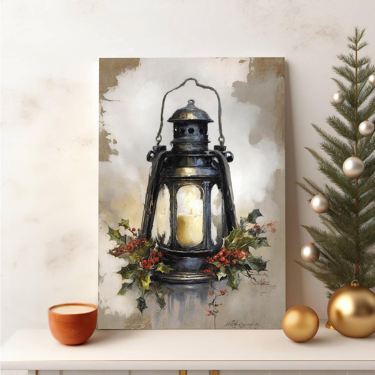 MVJGCM Vintage style Christmas art poster canvas print Christmas old fashioned lanterns country wall decoration poster suitable for farmhouse living room