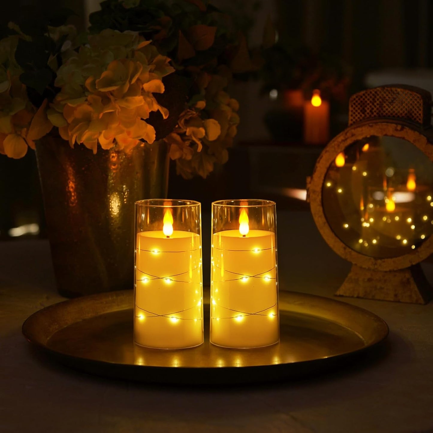 Homemory Flameless Candles with Embedded Star String Fairy Lights, Battery Operated Candles, LED Candle, Fake Candles with Remote Control and Timer, White, Set of 2(H 6" 6")