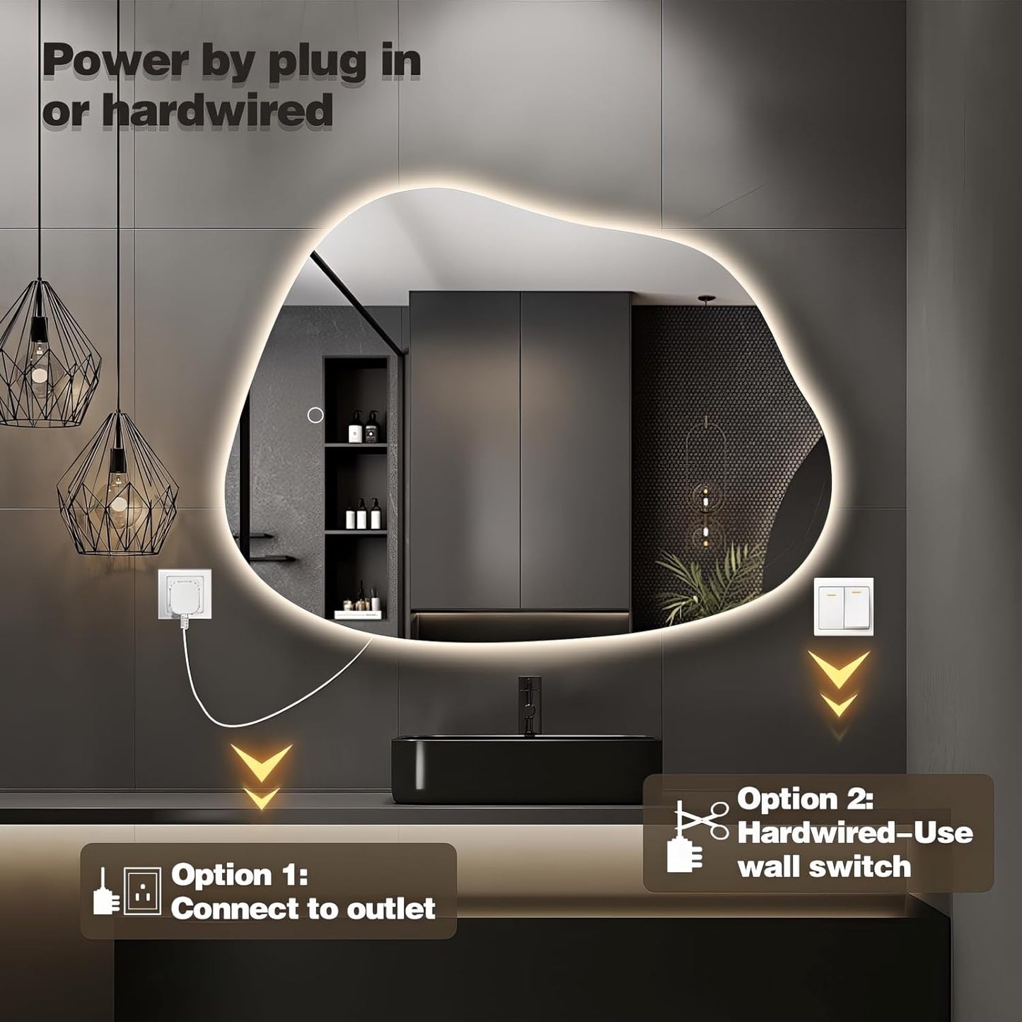 Irregular LED Bathroom Mirror with Lights, 42"x32" Anti Fog Frameless Led Bathroom Vanity Mirror, Stepless Dimmable Backlit Mirror for Bathroom Bedroom Living Room, Horizontal/Vertical