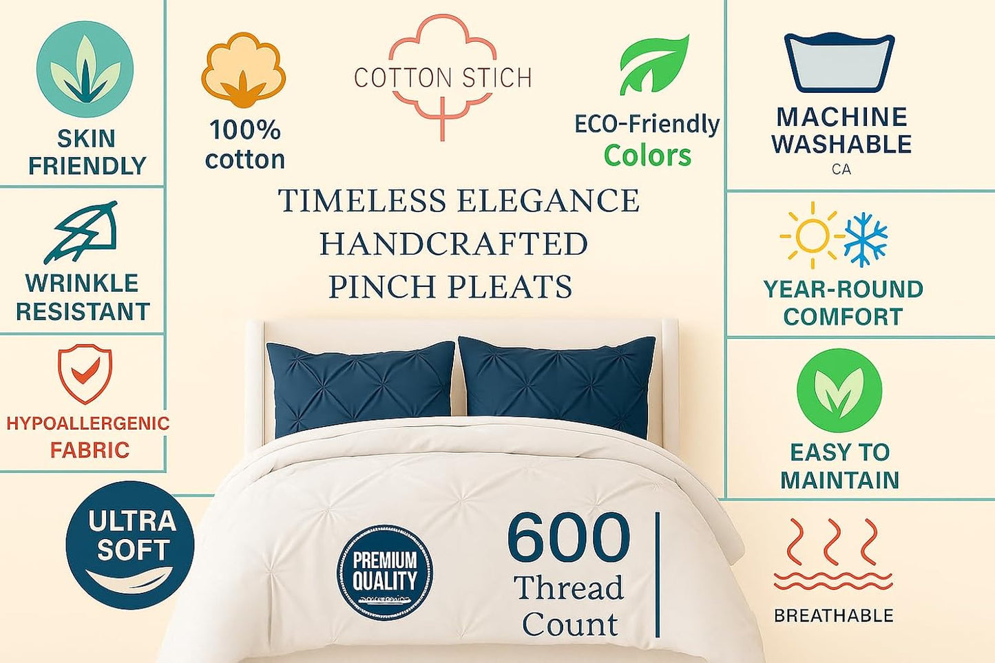 COTTON STICH King Pillow Shams Set Of 2 Navy Blue 20x36 Pinch Pleated Pillow Shams Pillow Covers Hotel Quality 100% Egyptian Cotton 600 Thread Count Gorgeous Decorative Pinch King Pillow Sham Set of 2