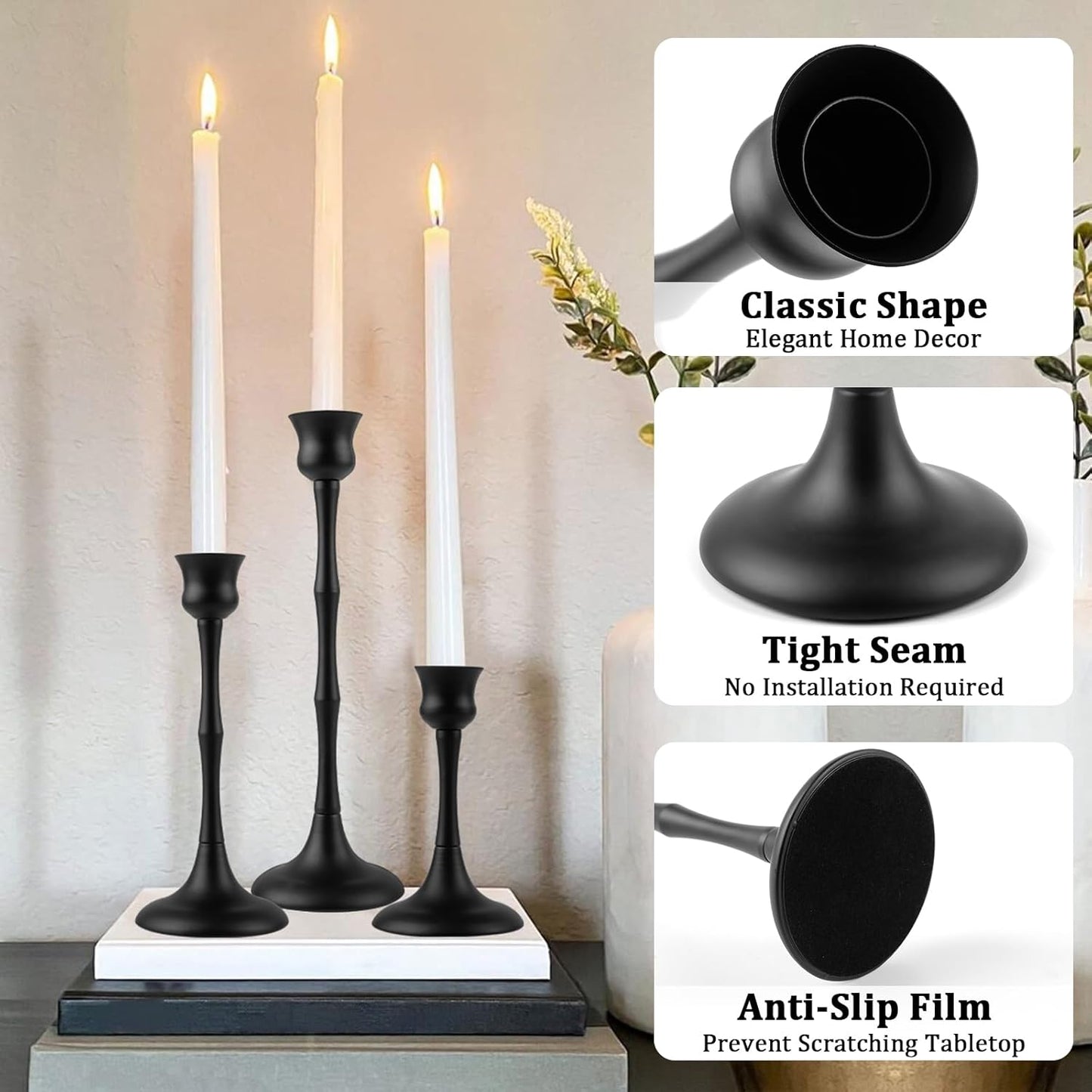 Vintage Metal Candlestick Holders, Set of 3 Black Candle Holders for Candlesticks Antique Taper Candles Stand Candle Sticks Holder for Housewarming Wedding Mantelpiece Table Centerpiece Decor