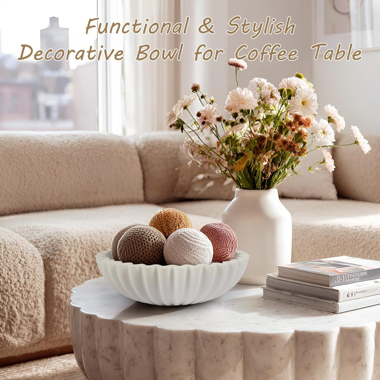 Large Decorative Bowl for Home Decor - Centerpiece for Coffee Table,Dining Table,Kitchen, Entryway Key bowl & Fruit Display - Modern Concrete Stone Design (White)