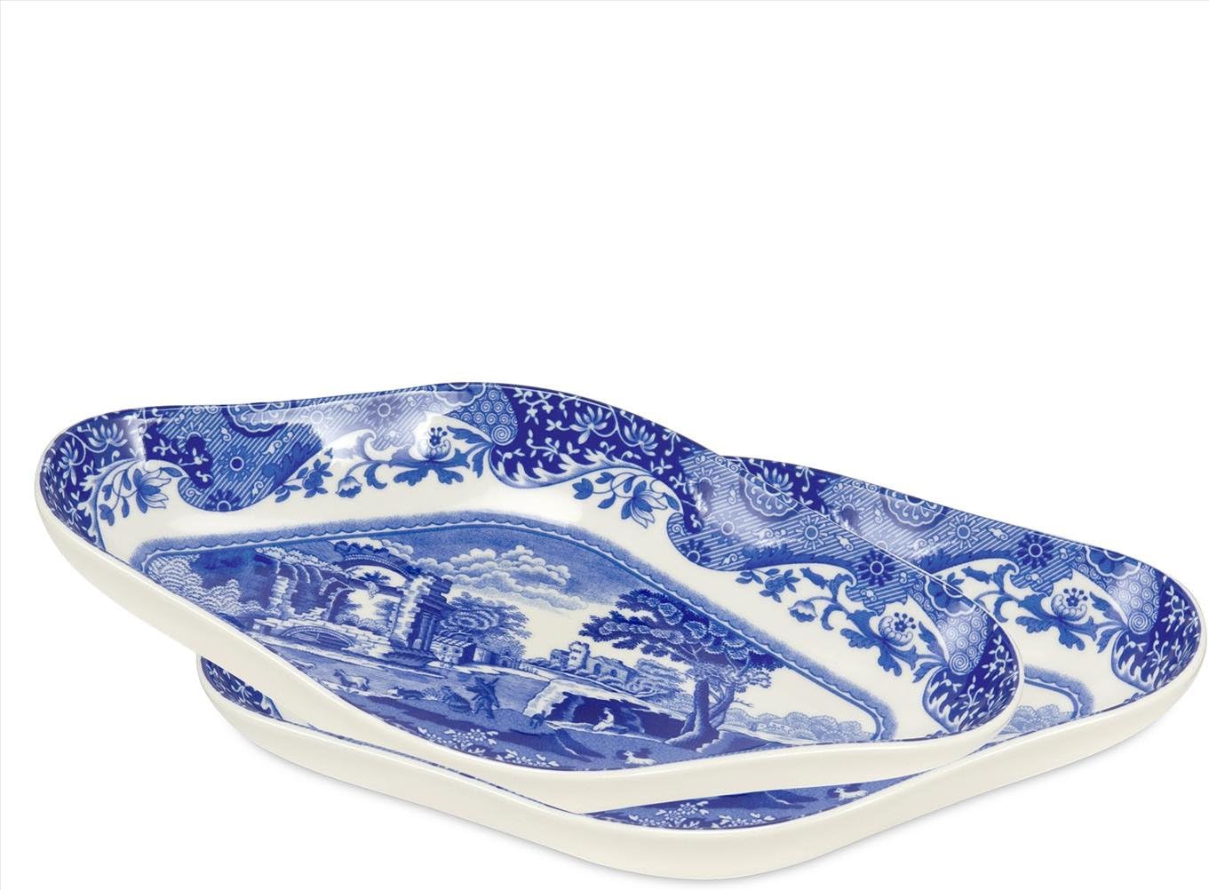 Spode Blue Italian Pickle Dishes, Set of 2-8.5-Inch Porcelain Appetizer Trays with Scroll Border & Countryside Artwork - Elegant Small Serving Pieces for Entertaining & Dining Displays