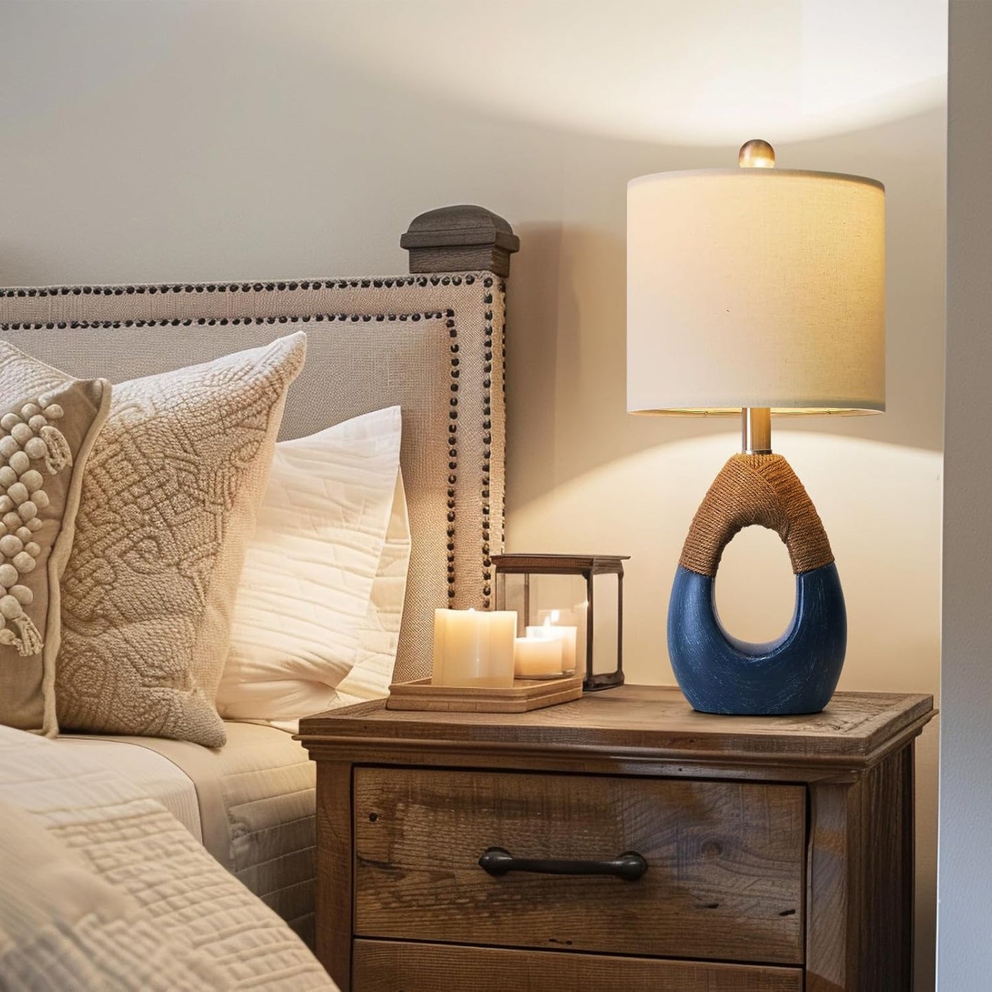 OYEARS 19" Table Lamp for Living Room,Boho Lamp for Bedroom, Bedside for Nightstands, Suitable for Small Space,Coastal Farmhouse, End Table, Rattan Nautical Beach Style, Blue,1 Pack