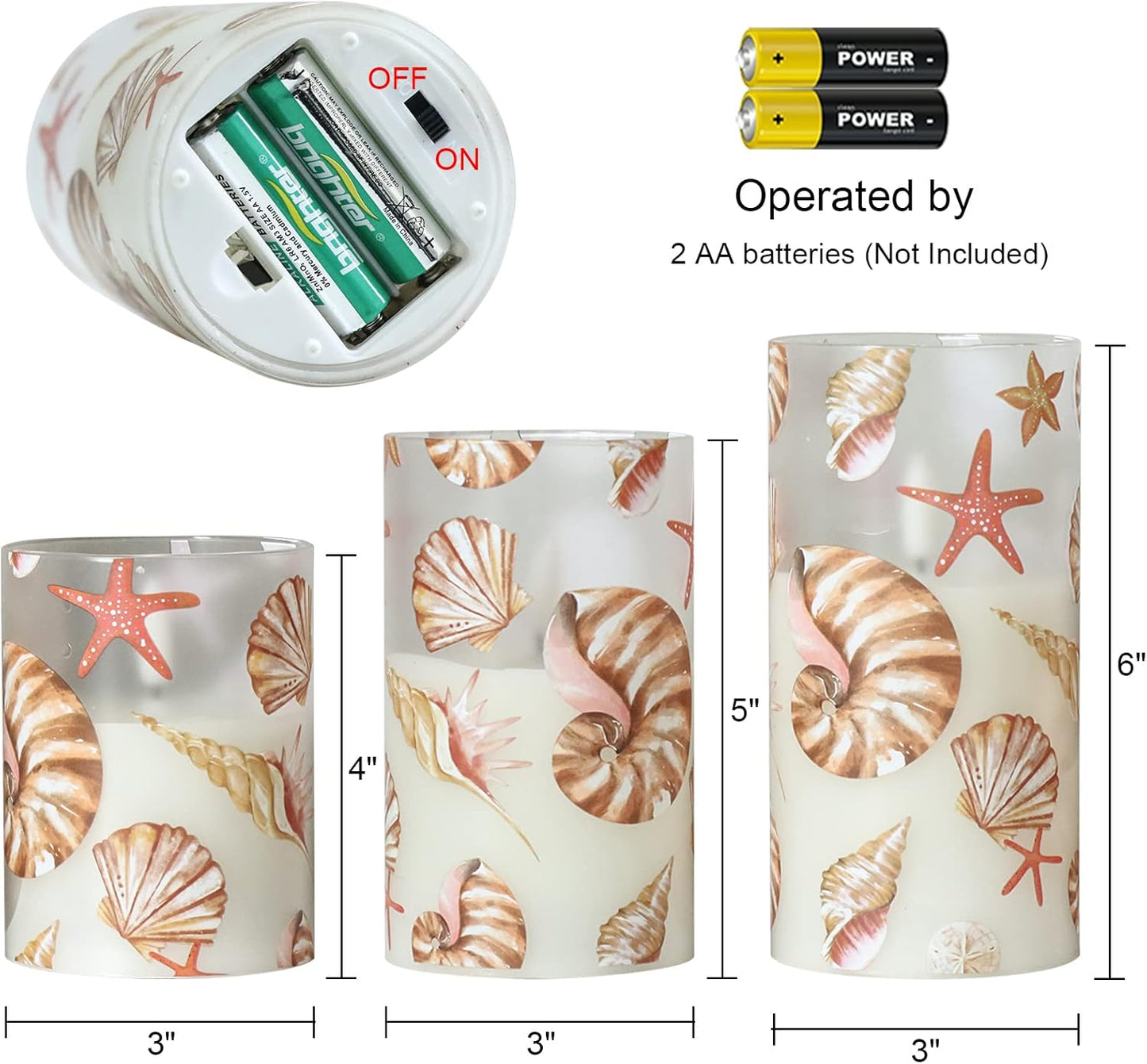 DRomance Seashell Battery Operated Flameless Flickering Candles with Remote Timer 3D Wick Flickering Glass LED Pillar Candles Dinner Christmas Holiday Decor D3 x H4, 5", 6"