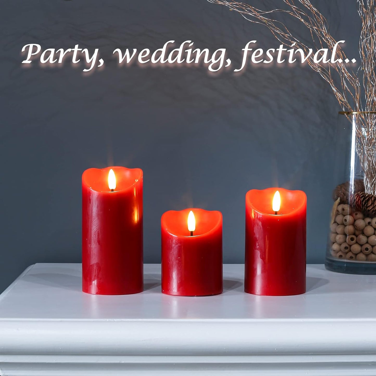 Flameless Candles with Remote, Battery Operated Christmas Candles with Timer Real Wax LED Flickering Fake Electric Candles for Christmas Party Home Decor, Set of 3 (Red)