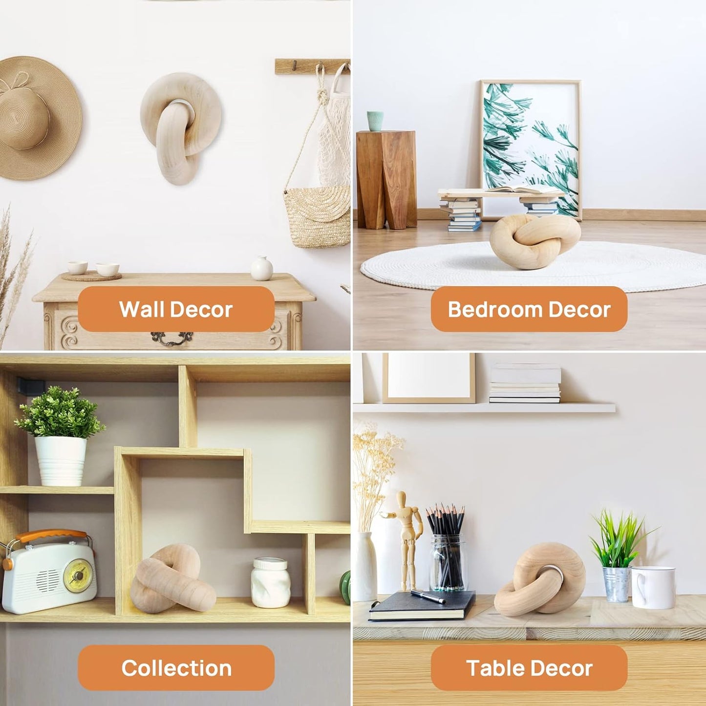 Wood Chain Decor, 2-Link Decorative Chain Hand Carved Boho Wood Knot Decor for Bookshelf Desk Living Room Coffee Table Farmhouse Decorative Ornament (Natural)