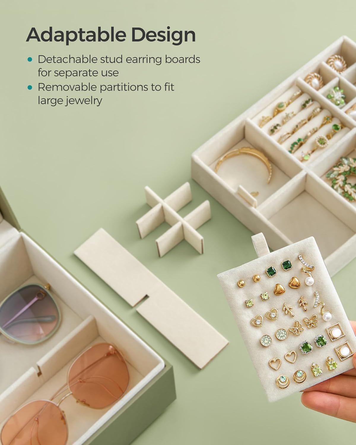 SONGMICS 2-Layer Jewelry Box, Jewelry Organizer with Handle, Removable Jewelry Tray, Jewelry Storage, Floating Effect, 8.1 x 9.4 x 4.3 Inches, Gift Idea, Sage Green UJBC165C02