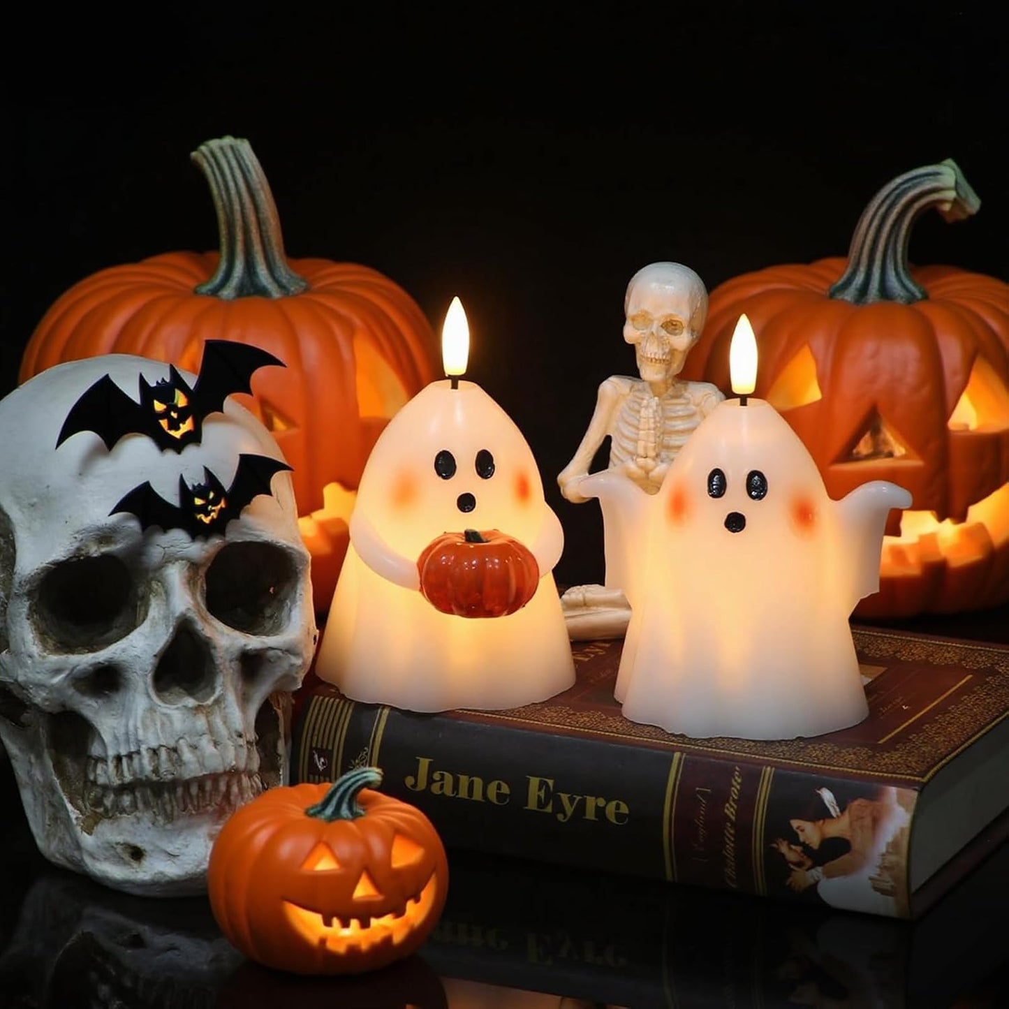 DRomance Halloween Ghost Flameless Candles with Timer Real Wax Battery Operated White LED Flickering Pillar Candles Hand Painted Looking Dinner Spooky Halloween Decor(2 Pack, 3.5" D x 5" H)