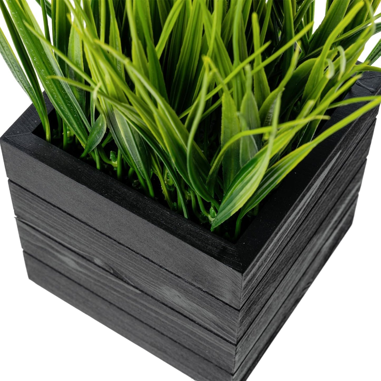 MyGift Artificial Green Grass Plants in Vintage Black Wood 4 Inch Planter Boxes, Faux Greenery in Decorative Square Crate Style Wooden Containers, Set of 3