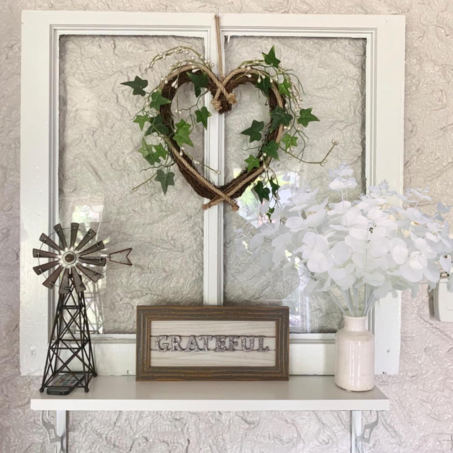 GREENTIME 2 Pack White Eucalyptus Stems with 20 Branches 18.5'' Artificial Flower Bouquet for Vase Wedding Table Centerpiece Decor