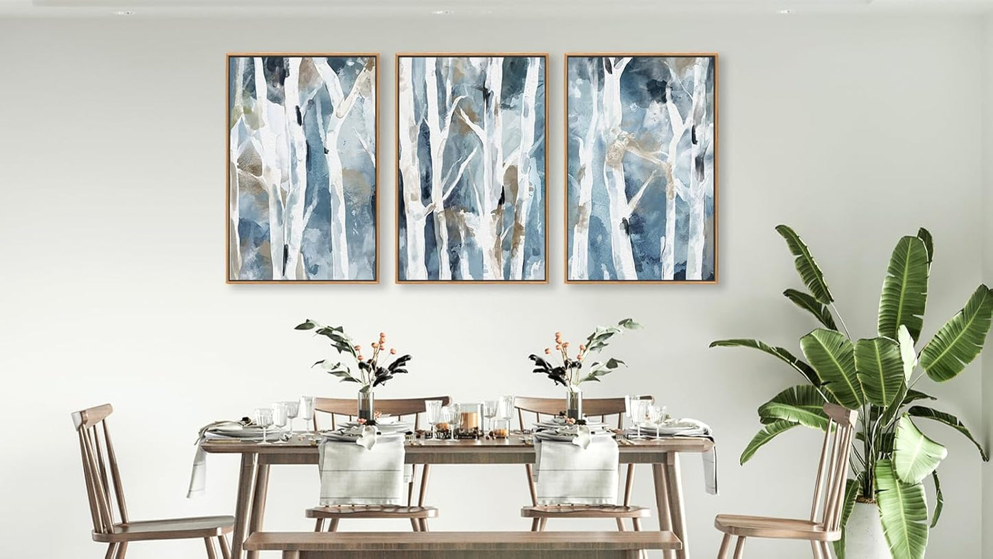 arteWOODS Birch Framed Wall Art - Abstract Blue Brown Forest Canvas Pictures Wall Decor Modern Tree Landscape Painting Artwork Prints for Living Room Bedroom Decor 24 x 16in * 3 Natural Wood Frame
