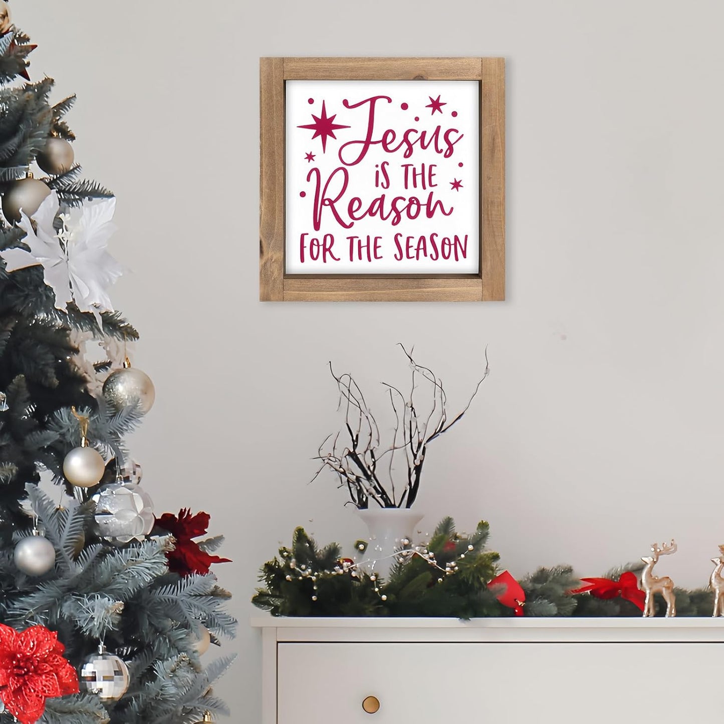 Jesus Is The Reason for The Season Sign, Wooden Nativity Christmas Decor, Holiday Decorative Signage Table Shelf Desk Mantel Tiered Tray Christian Wall Art Rustic Farmhouse Home Decorations