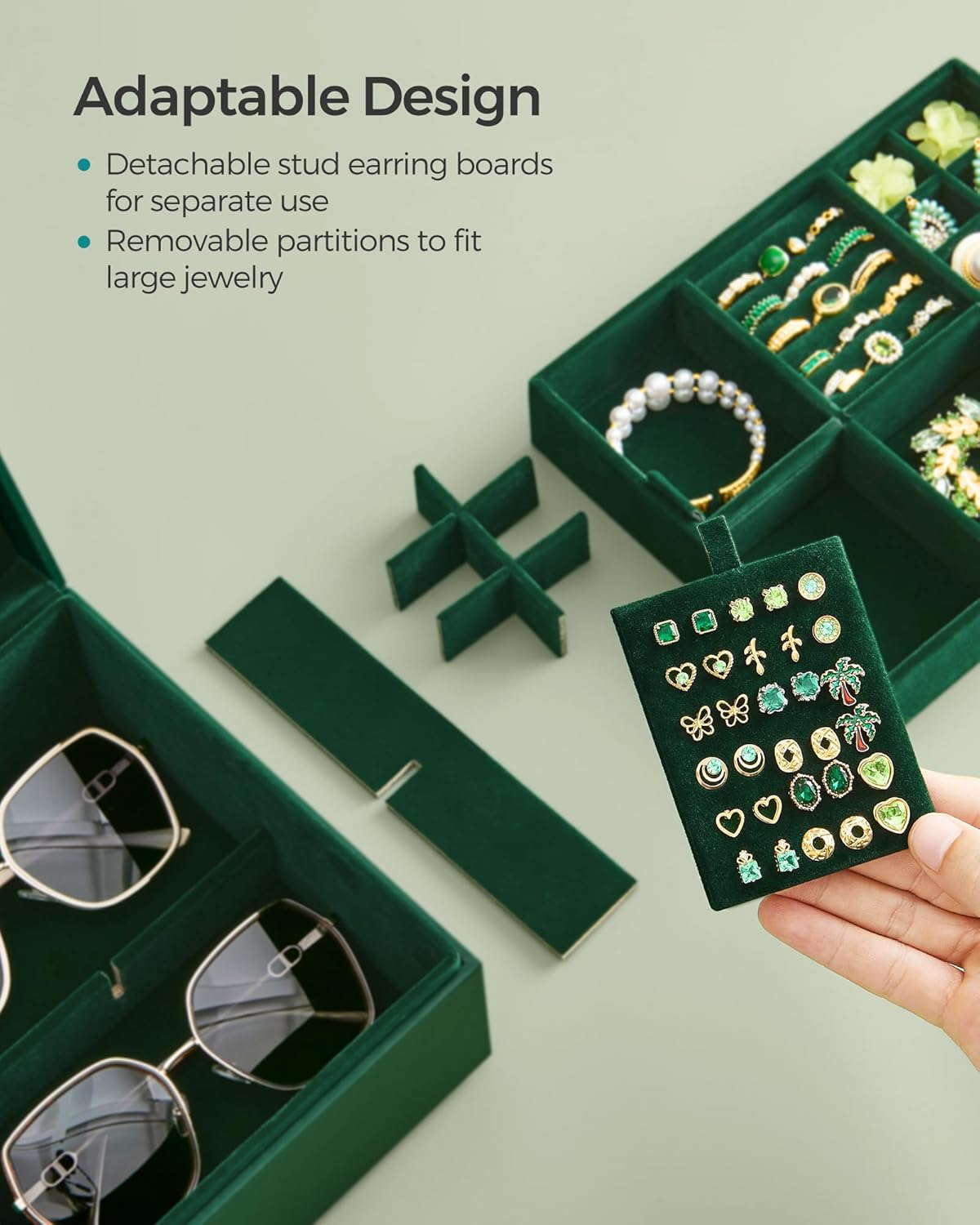 SONGMICS 2-Layer Jewelry Box, Jewelry Organizer with Handle, Removable Jewelry Tray, Jewelry Storage, Floating Effect, 8.1 x 9.4 x 4.3 Inches, Gift Idea, Forest Green UJBC165C01