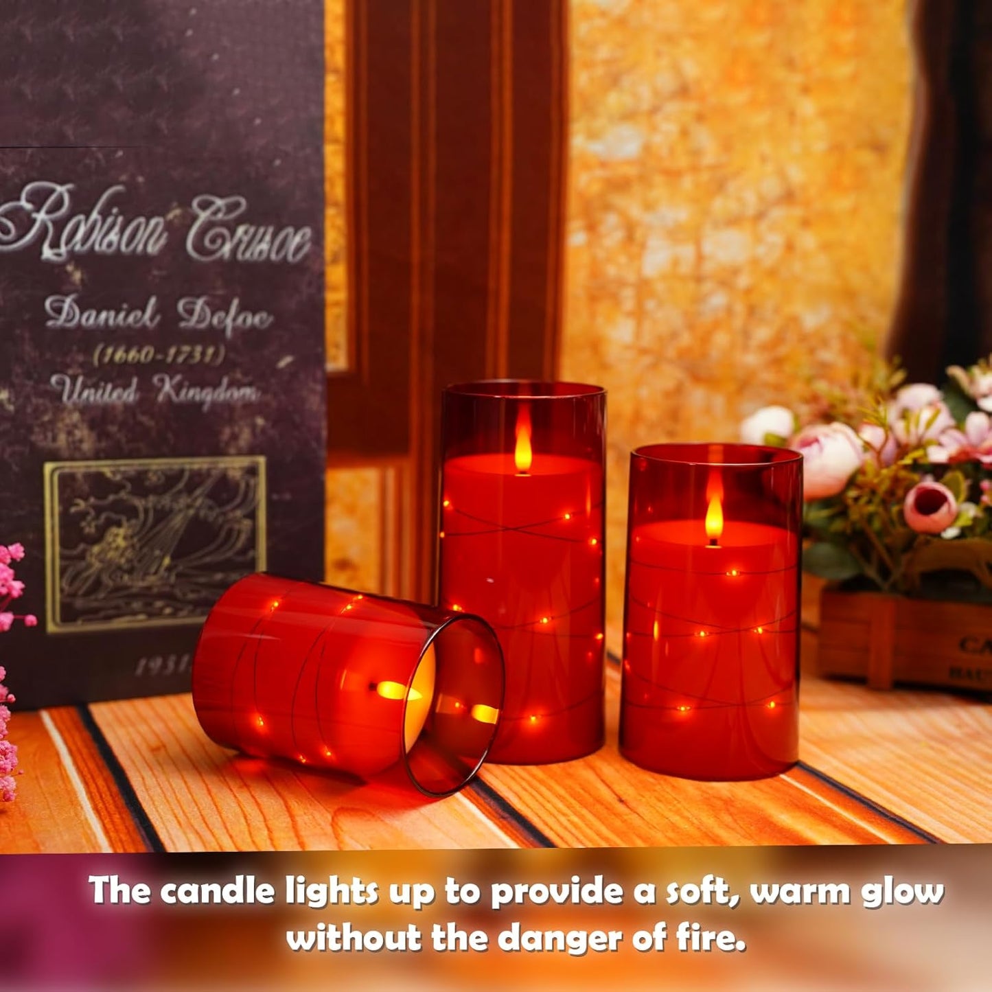 Flameless LED Candles with Timer 3 Pc Flickering Flameless Candles for Romantic Ambiance and Home Decoration Stable Acrylic Shell,with Embedded Star String,Battery Operated Candles(Red)