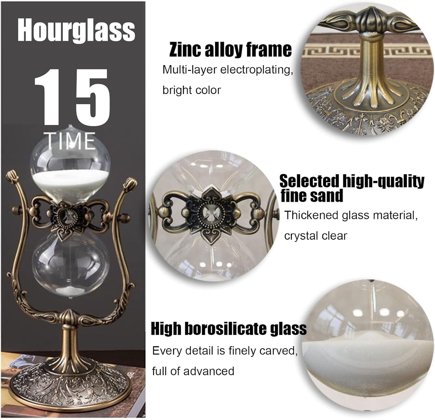Hourglass Timer, 15 Minutes Hourglass Timer,Hourglass Desk Decor,Embossed Golden Hourglass Timer,Used for Vintage Home Decoration, Office Decoration, Kitchen Wedding Gifts (C)