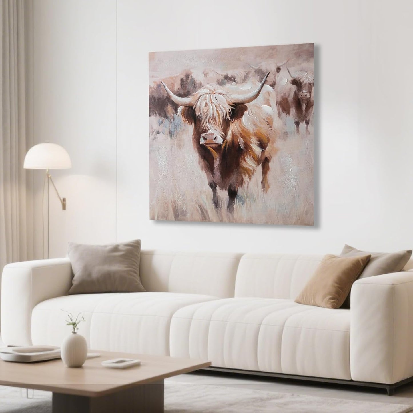 JolyWell Textured Highland Cow Canvas Wall Art Hand painted Farm Animals Painting Cattle Portrait Pictures Bedroom Decor Brown Cow Artwork for Bathroom Dining Room Kitchen Office Living Room 24x24IN